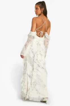 Maxi Dresses*boohoo Printed Chiffon Ruffle Bardot Maxi Dress multi
