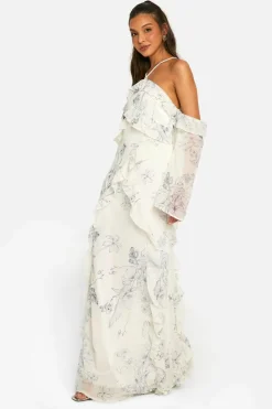 Maxi Dresses*boohoo Printed Chiffon Ruffle Bardot Maxi Dress multi