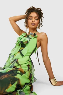 Smock Dresses*boohoo Printed Chiffon Ruffle Maxi Dress green