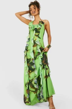 Smock Dresses*boohoo Printed Chiffon Ruffle Maxi Dress green