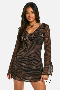 Mini Dresses|Long Sleeve Dresses*boohoo Printed Chiffon Ruffle Shift Dress brown
