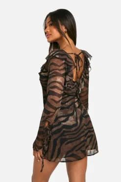 Mini Dresses|Long Sleeve Dresses*boohoo Printed Chiffon Ruffle Shift Dress brown