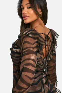 Mini Dresses|Long Sleeve Dresses*boohoo Printed Chiffon Ruffle Shift Dress brown