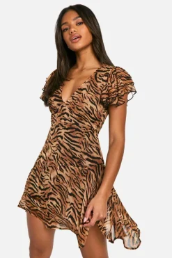 Smock Dresses*boohoo Printed Crinkle Chiffon Angel Mini Dress brown