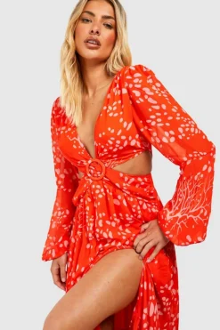 Skater Dresses|Maxi Dresses*boohoo Printed Cut Out Maxi Dress orange