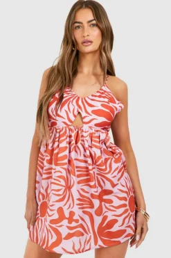 Smock Dresses*boohoo Printed Cut Out Strappy Mini Dress pink