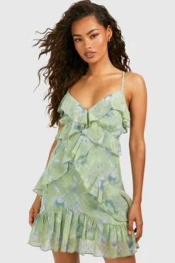 Cami Dresses*boohoo Printed Dobby Ruffle Mini Dress green