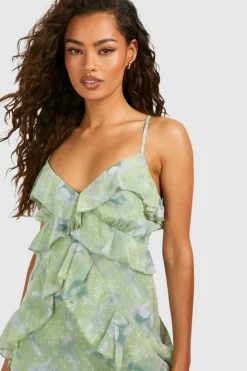 Cami Dresses*boohoo Printed Dobby Ruffle Mini Dress green