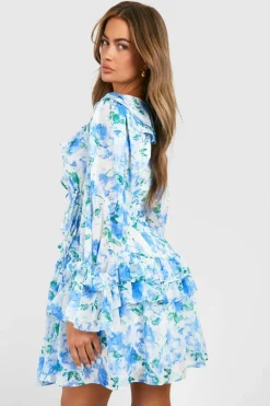 Skater Dresses*boohoo Printed Gathered Waist Ruffle Detail Skater Dress blue