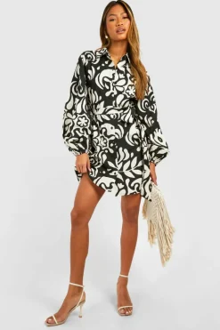 Shirt Dresses|Wrap Dresses*boohoo Printed Linen Look Wrap Shirt Dress black