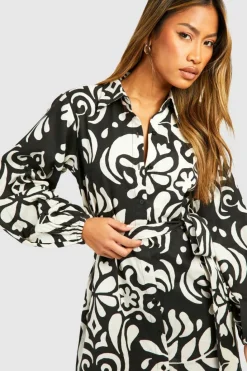 Shirt Dresses|Wrap Dresses*boohoo Printed Linen Look Wrap Shirt Dress black