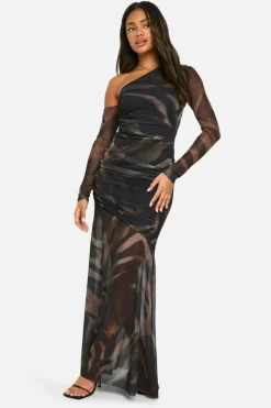 Maxi Dresses|Long Sleeve Dresses*boohoo Printed Mesh Asymmetric Long Sleeve Maxi Dress brown