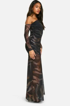 Maxi Dresses|Long Sleeve Dresses*boohoo Printed Mesh Asymmetric Long Sleeve Maxi Dress brown