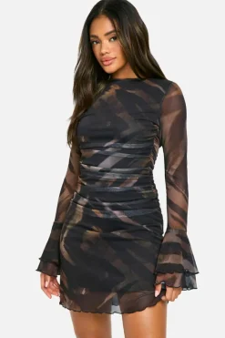 Mini Dresses|Long Sleeve Dresses*boohoo Printed Mesh Flare Sleeve Mini Dress brown