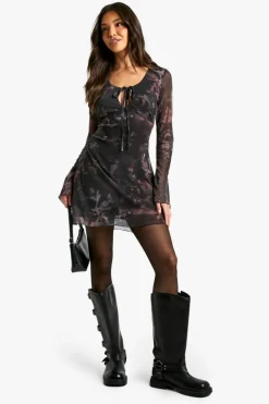 Mini Dresses|Long Sleeve Dresses*boohoo Printed Mesh Tie Front Flare Sleeve Mini Dress slate grey