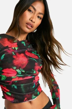 Long Sleeve Tops*boohoo Printed Mesh Wrap Front Long Sleeve Top multi