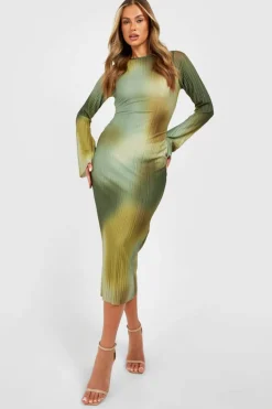 Midi Dresses*boohoo Printed Plisse Flare Sleeve Midaxi Dress khaki