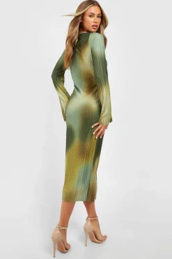 Midi Dresses*boohoo Printed Plisse Flare Sleeve Midaxi Dress khaki