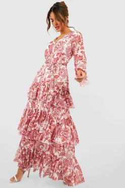 Skater Dresses|Maxi Dresses*boohoo Printed Ruffle Hem Maxi Dress red