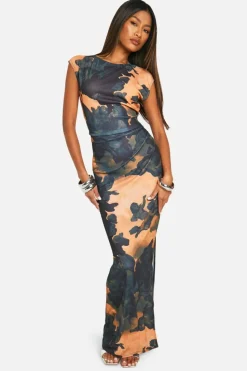 Bodycon Dresses|Maxi Dresses*boohoo Printed Sheer Slash Neck Cap Sleeve Maxi Dress multi