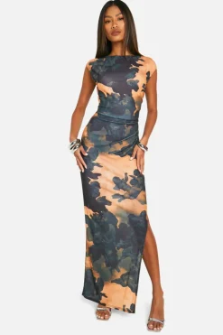 Bodycon Dresses|Maxi Dresses*boohoo Printed Sheer Slash Neck Cap Sleeve Maxi Dress multi