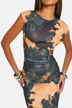 Bodycon Dresses|Maxi Dresses*boohoo Printed Sheer Slash Neck Cap Sleeve Maxi Dress multi