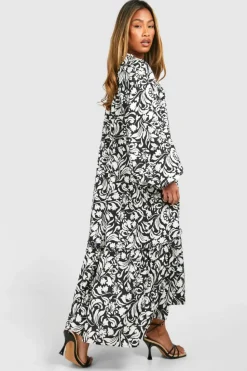 Smock Dresses*boohoo Printed Tie Neck Midaxi Smock Dress black