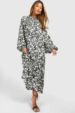 Smock Dresses*boohoo Printed Tie Neck Midaxi Smock Dress black