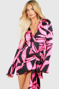Shirt Dresses*boohoo Printed Tie Waist Shirt Dress hot pink