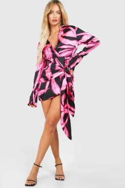 Shirt Dresses*boohoo Printed Tie Waist Shirt Dress hot pink