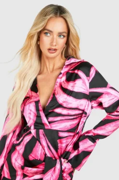 Shirt Dresses*boohoo Printed Tie Waist Shirt Dress hot pink
