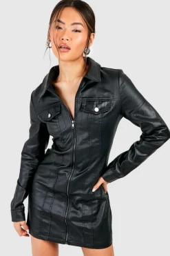 Shirt Dresses|Mini Dresses*boohoo Pu Coated Zip Through Denim Shirt Dress black