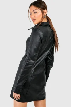 Shirt Dresses|Mini Dresses*boohoo Pu Coated Zip Through Denim Shirt Dress black