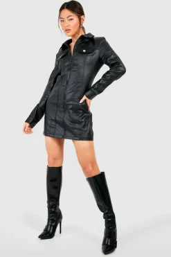 Shirt Dresses|Mini Dresses*boohoo Pu Coated Zip Through Denim Shirt Dress black