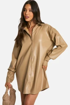 Shirt Dresses*boohoo Pu Oversized Shirt stone