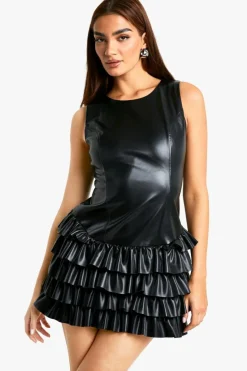 Skater Dresses|Mini Dresses*boohoo PU Ruffle Hem Mini Dress black