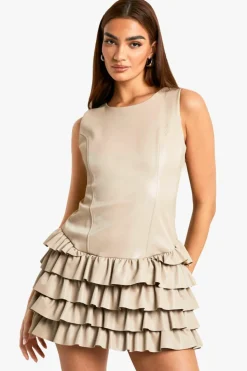Skater Dresses*boohoo PU Ruffle Hem Mini Dress stone