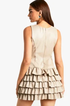 Skater Dresses*boohoo PU Ruffle Hem Mini Dress stone