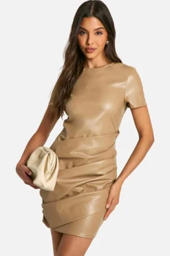 T-Shirt Dresses|Shirt Dresses*boohoo Pu Wrap Ruched T-shirt Mini Dress stone
