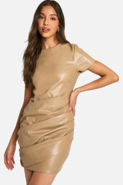 T-Shirt Dresses|Shirt Dresses*boohoo Pu Wrap Ruched T-shirt Mini Dress stone
