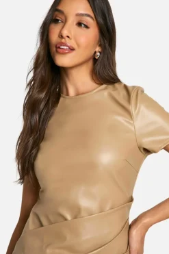 T-Shirt Dresses|Shirt Dresses*boohoo Pu Wrap Ruched T-shirt Mini Dress stone