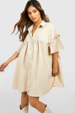 Smock Dresses|Shirt Dresses*boohoo Puff Sleeve Button Through Smock Mini Dress stone