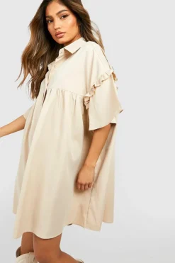 Smock Dresses|Shirt Dresses*boohoo Puff Sleeve Button Through Smock Mini Dress stone