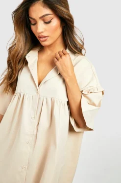 Smock Dresses|Shirt Dresses*boohoo Puff Sleeve Button Through Smock Mini Dress stone