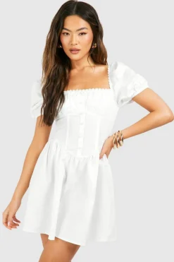 Skater Dresses|Mini Dresses*boohoo Puff Sleeve Cotton Rouched Milkmaid Mini Dress white