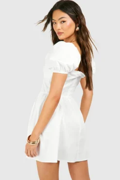 Skater Dresses|Mini Dresses*boohoo Puff Sleeve Cotton Rouched Milkmaid Mini Dress white