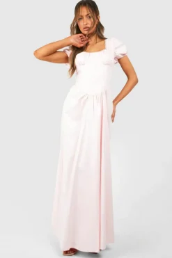 Skater Dresses*boohoo Puff Sleeve Milkmaid Maxi Dress pale pink