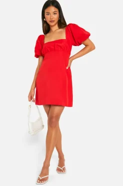 Smock Dresses*boohoo Puff Sleeve Mini Dress red