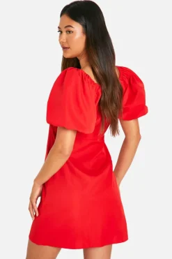 Smock Dresses*boohoo Puff Sleeve Mini Dress red