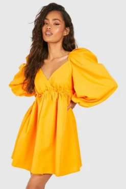 Smock Dresses*boohoo Puff Sleeve Plunge Smock Dress orange